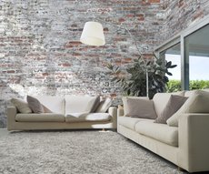 red and white brick wallpaper in a living room