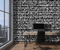 black and white patterned wallpaper in an office