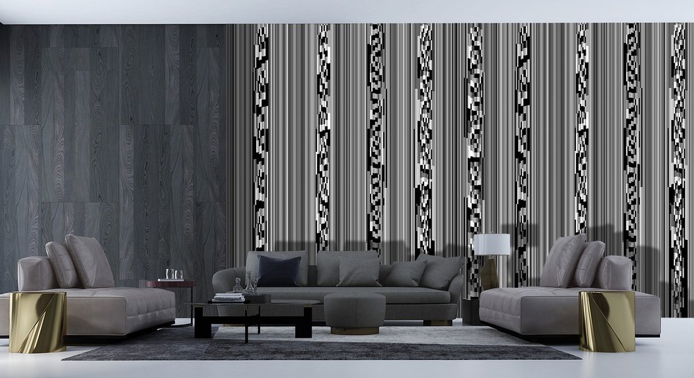 papier peint motif noir et blanc à colonnes dans un salon
