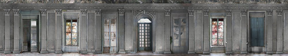 nostalgic panoramic wallpaper representing an abandoned orangery