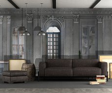 panoramic wallpaper in a living room representing an abandoned orangery