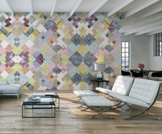 papier peint panoramique dans un séjour tendance représentant un arrangement de formes géométriques colorées