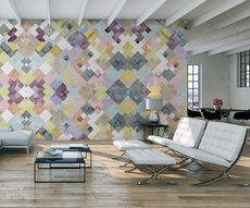 panoramic wallpaper in a trendy living room representing an arrangement of colorful geometric shapes