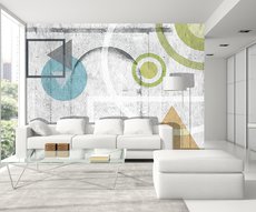 panoramic wallpaper in a living room composed of geometric patterns in color painted on a white brick wall