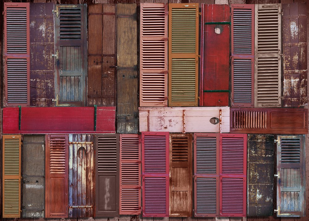 warm panoramic wallpaper representing a patchwork of brown shutters