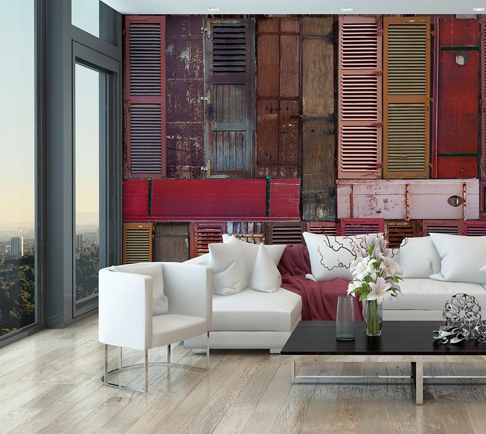 warm panoramic wallpaper of a set of brown shutters in a living room