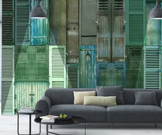 optimistic panoramic wallpaper representing green shutters in a living room