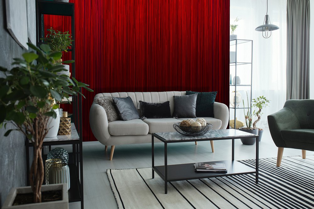 red stripes wallpaper in a living room