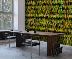 green and yellow striped wallpaper in a dining room