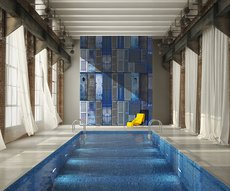 wallpaper representing an assembly of blue shutters in a pool