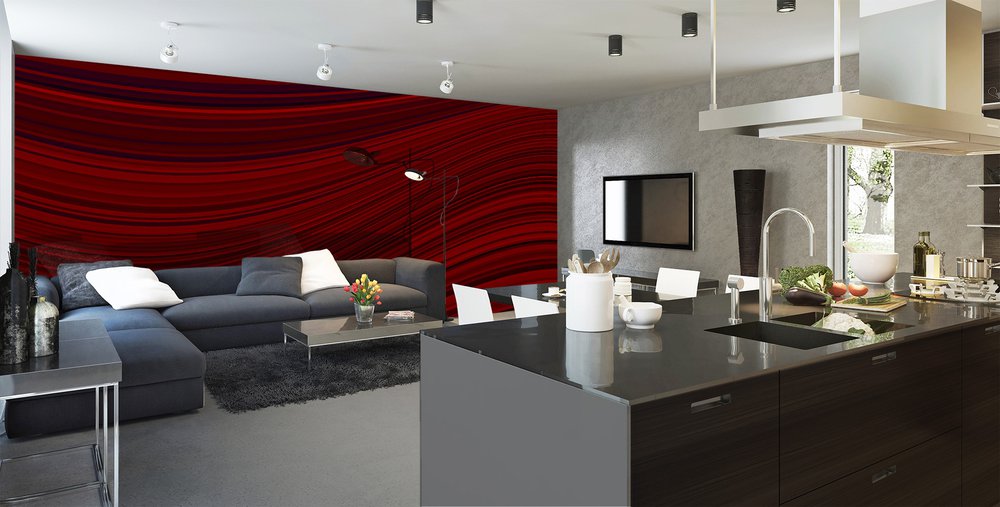 red curved stripes wallpaper in a living room