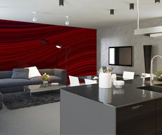 red curved stripes wallpaper in a living room