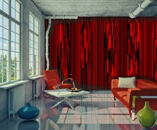 black and red stripes wallpaper in a living room