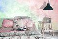 revêtement mural tendance dans une chambre représentant des nuages colorés doux