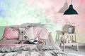 revêtement mural tendance dans une chambre représentant des nuages colorés doux